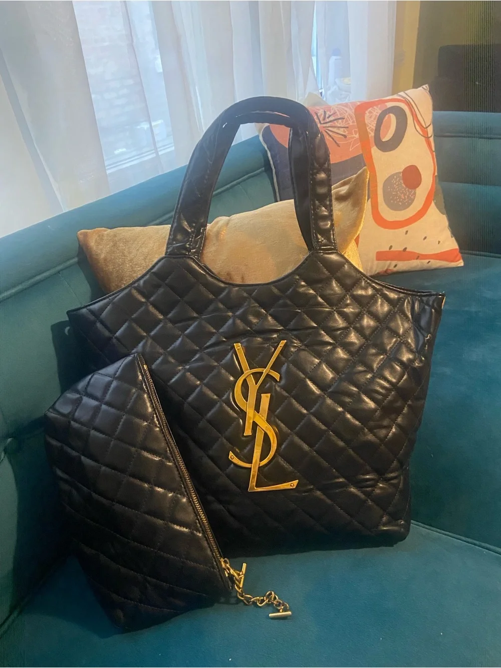 Yves Saint Laurent Black Quilted Tote with Gold YSL Emblem
